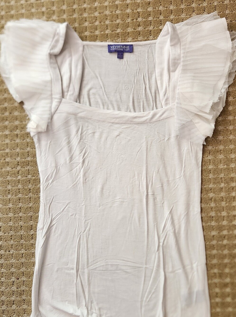 Vivienne Tam White Square Neck Tank with Ruffled Tulle Pleat Cap Sleeves